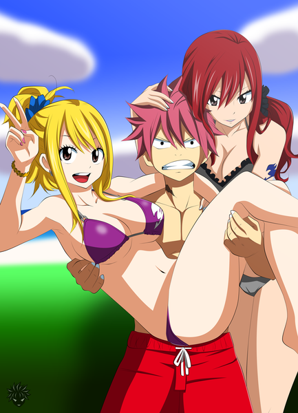 Anime picture 4000x5535 with fairy tail lucy heartfilia erza scarlet natsu dragneel maddog05 long hair tall image highres short hair open mouth light erotic blonde hair smile multiple girls holding brown eyes pink hair absurdres sky cloud (clouds)