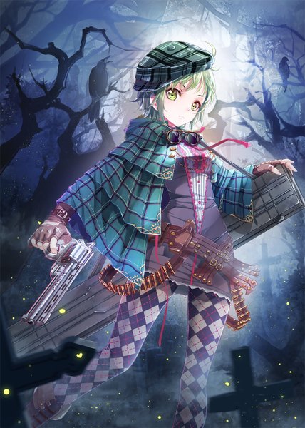 Anime picture 1000x1400 with original wait (artist) single tall image looking at viewer short hair green eyes green hair girl gloves weapon plant (plants) animal pantyhose tree (trees) fingerless gloves bird (birds) gun feather (feathers) beret