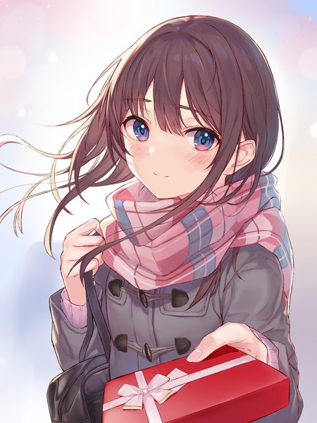 Anime picture 1800x2400 with original nagiha kuten single long hair tall image looking at viewer blush fringe highres blue eyes smile hair between eyes brown hair upper body outstretched hand valentine girl scarf coat gift