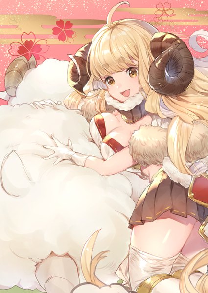Anime picture 878x1239 with granblue fantasy anila (granblue fantasy) shiromimin single tall image fringe breasts open mouth light erotic blonde hair large breasts yellow eyes cleavage ahoge blunt bangs very long hair :d pleated skirt horn (horns) eyebrows