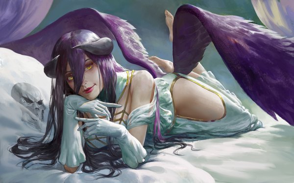 Anime picture 1920x1202 with overlord (maruyama) madhouse albedo (overlord) zhang xiao bo single long hair fringe highres hair between eyes bare shoulders yellow eyes purple hair lying head tilt barefoot horn (horns) lipstick on stomach leg lift (legs lift) red lipstick