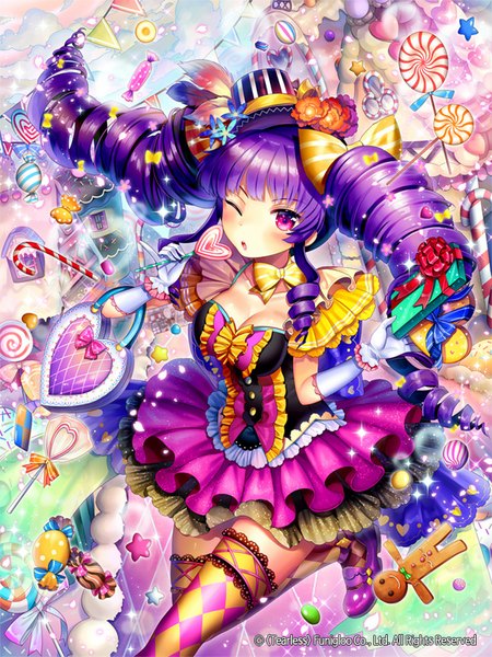 Anime picture 600x800 with original bonbon (original) ells (ellsat) single long hair tall image blush open mouth twintails purple hair one eye closed pink eyes hair flower wink :o drill hair girl thighhighs dress gloves