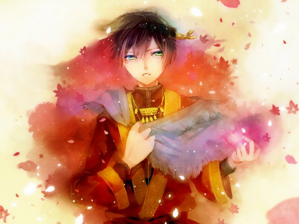 Anime picture 1000x750 with vocaloid kaito (vocaloid) yuukichi single short hair brown hair green eyes boy petals jewelry arabian clothes