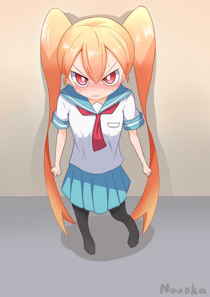 Anime picture 2480x3508 with ueno-san wa bukiyou ueno (ueno-san wa bukiyou) yadominanoka single tall image looking at viewer blush fringe highres hair between eyes red eyes twintails signed full body very long hair pleated skirt from above orange hair short sleeves no shoes