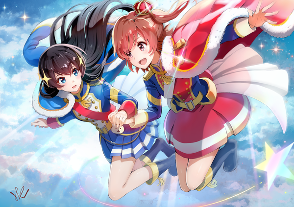 Anime picture 2149x1517 with shoujo kageki revue starlight kinema citrus kagura hikari aijou karen hoshizaki reita long hair blush fringe highres short hair open mouth blue eyes black hair smile multiple girls signed payot looking away sky cloud (clouds)