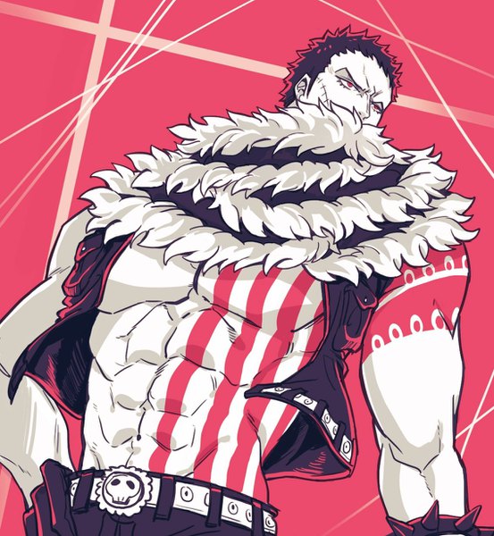 Anime picture 1134x1230 with one piece toei animation charlotte katakuri living (pixiv5031111) single tall image short hair black hair simple background red eyes standing looking away multicolored hair open jacket tattoo fur trim hand on hip scar muscle covered mouth