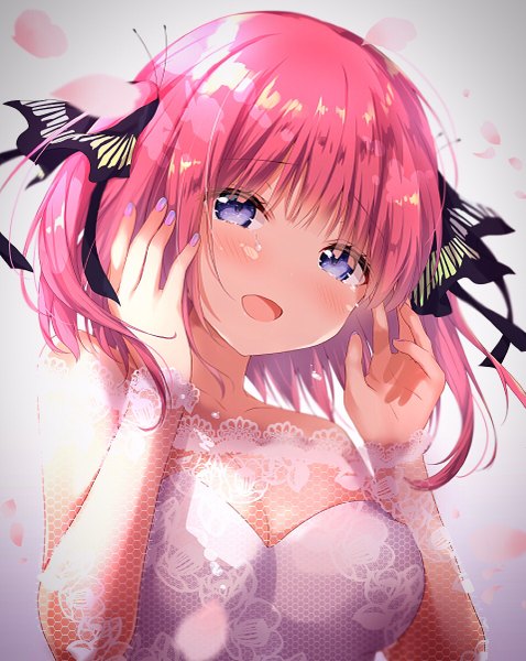 Anime picture 957x1200 with go-toubun no hanayome nakano nino amedamacon single tall image looking at viewer blush fringe short hair open mouth simple background purple eyes bare shoulders pink hair cleavage upper body nail polish head tilt :d off shoulder
