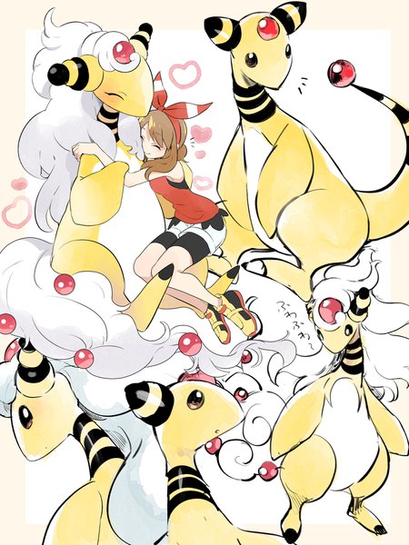 Anime picture 1500x2000 with pokemon pokemon (game) pokemon xy pokemon oras nintendo may (pokemon) ampharos mega ampharos yukin (es) long hair tall image brown hair eyes closed hug ^ ^ gen 2 pokemon mega pokemon girl shorts heart