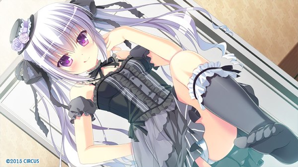 Anime picture 800x450 with d.s. -dal segno- circus (studio) kouzuki io single long hair looking at viewer blush fringe light erotic smile hair between eyes wide image purple eyes twintails bare shoulders payot game cg silver hair dutch angle pantyshot