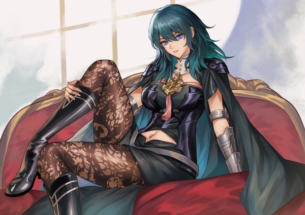 Anime picture 3508x2480 with fire emblem fire emblem: three houses nintendo byleth (fire emblem) byleth (female) (fire emblem) pengnangehao single long hair looking at viewer fringe highres breasts blue eyes hair between eyes sitting blue hair absurdres bent knee (knees) indoors parted lips