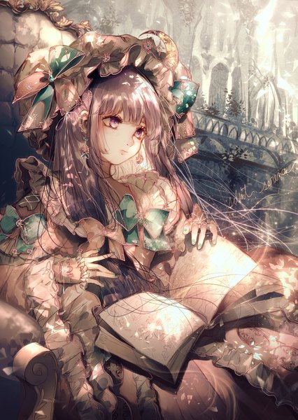 Anime picture 1000x1409 with touhou patchouli knowledge majamari single long hair tall image sitting purple eyes payot looking away purple hair nail polish girl bow hat earrings book (books) bonnet