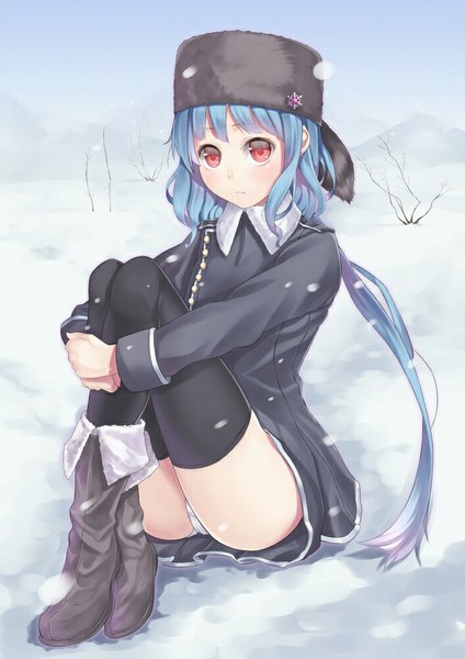 Anime picture 706x1000 with original ray-akila single long hair tall image light erotic red eyes twintails blue hair pantyshot sitting girl thighhighs black thighhighs jacket boots cap