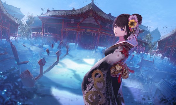 Anime picture 1175x700 with original jname single short hair blue eyes black hair wide image traditional clothes japanese clothes looking back hair flower girl hair ornament flower (flowers) kimono obi kanzashi shrine