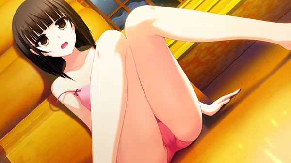 Anime picture 1280x720 with endless dungeon shirasagi miko suzume miku single looking at viewer short hair open mouth light erotic black hair wide image brown eyes game cg underwear only knees together feet apart girl underwear panties lingerie bra