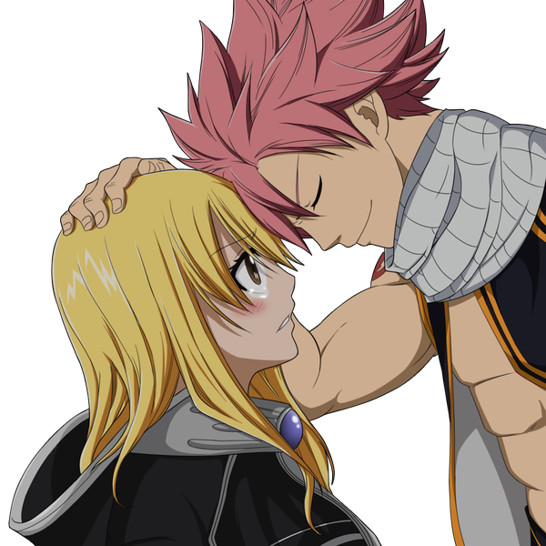 Anime picture 1024x1024 with fairy tail lucy heartfilia natsu dragneel tagme (artist) long hair blush short hair blonde hair smile brown eyes pink hair eyes closed parted lips profile tattoo couple transparent background muscle spiked hair hand on another's head