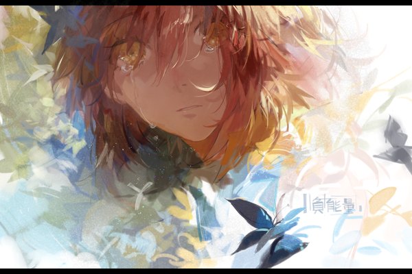 Anime picture 1200x800 with original tang elen single looking at viewer fringe short hair yellow eyes red hair sunlight tears letterboxed close-up crying girl insect butterfly