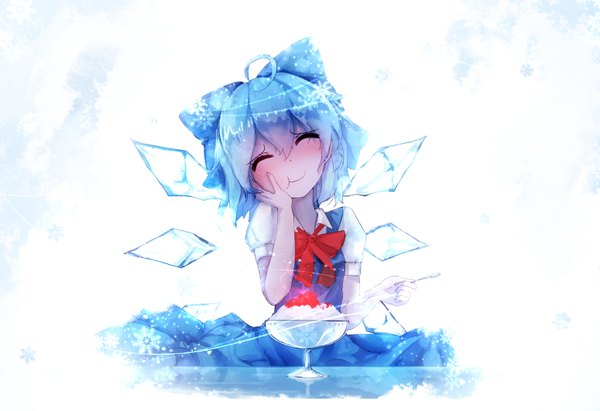 Anime picture 1550x1063 with touhou cirno qys3 single blush short hair holding blue hair eyes closed head tilt short sleeves happy snowflake print girl dress skirt bow hair bow shirt wings