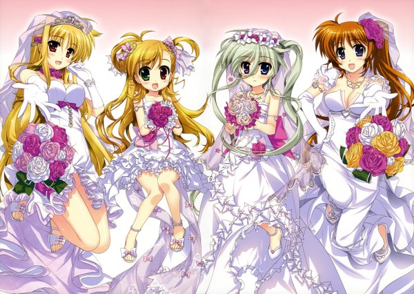 Anime picture 5751x4084 with mahou shoujo lyrical nanoha fate testarossa takamachi nanoha takamachi vivio einhart stratos fujima takuya long hair blush highres open mouth blonde hair red eyes twintails purple eyes multiple girls absurdres white hair ponytail scan orange hair