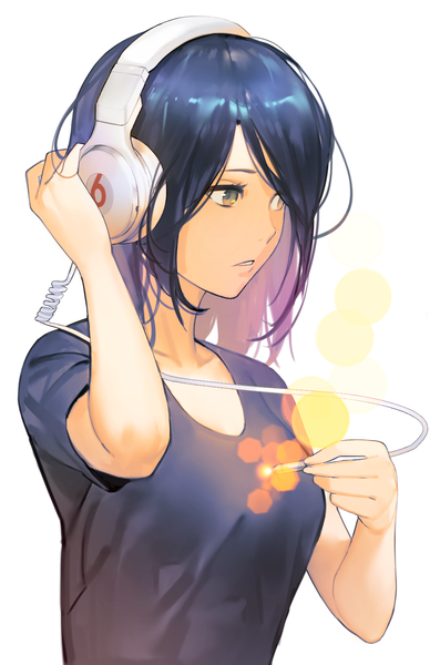 Anime picture 1065x1607 with original jandy single tall image short hair simple background white background holding brown eyes blue hair looking away upper body parted lips arm up short sleeves glow hand on headphones girl headphones t-shirt