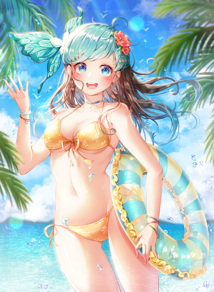 Anime picture 2200x3000 with original menna (0012) single long hair tall image looking at viewer blush fringe highres breasts open mouth blue eyes light erotic smile brown hair large breasts standing bare shoulders holding sky