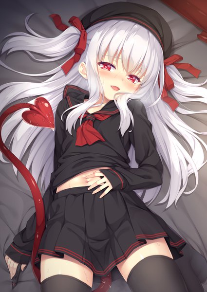 Anime picture 1032x1457 with original shimotsuki potofu tomifumi single long hair tall image looking at viewer blush fringe open mouth hair between eyes red eyes payot silver hair tail lying pleated skirt fang (fangs) sweat two side up