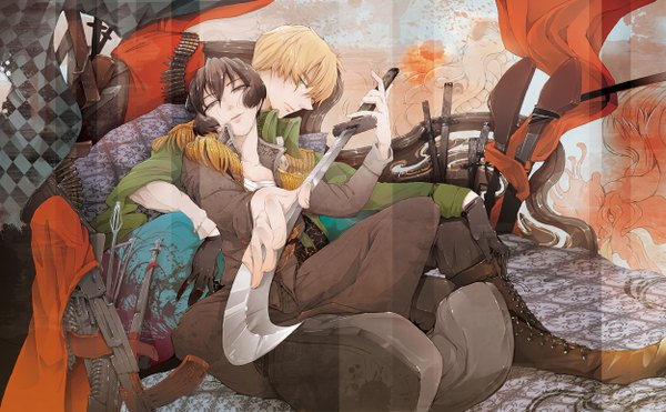 Anime picture 1250x773 with axis powers hetalia studio deen united kingdom (hetalia) japan (hetalia) is (artist) short hair black hair blonde hair wide image couple shounen ai checkered military gloves uniform weapon sword boots katana gun