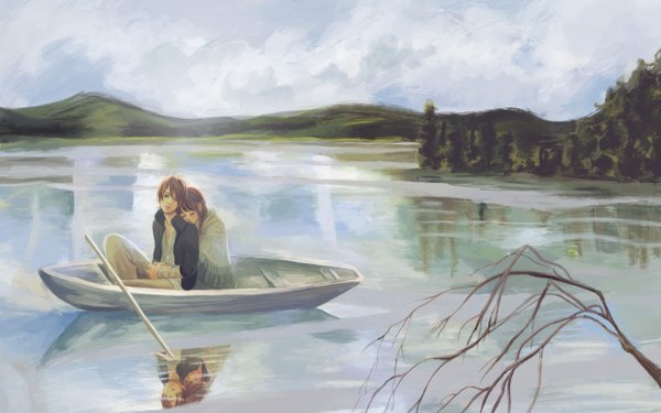 Anime picture 2560x1600 with bokura ga ita motoharu yano nanami takahashi yuuki obata long hair highres short hair brown hair wide image sky eyes closed couple hug reflection horizon mountain river lake girl boy