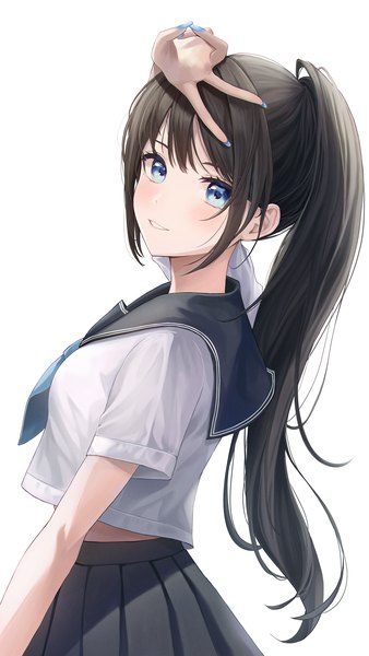 Anime picture 1200x2132 with original kottungyang single long hair tall image looking at viewer blush fringe blue eyes simple background standing white background payot ponytail blunt bangs nail polish parted lips pleated skirt fingernails short sleeves