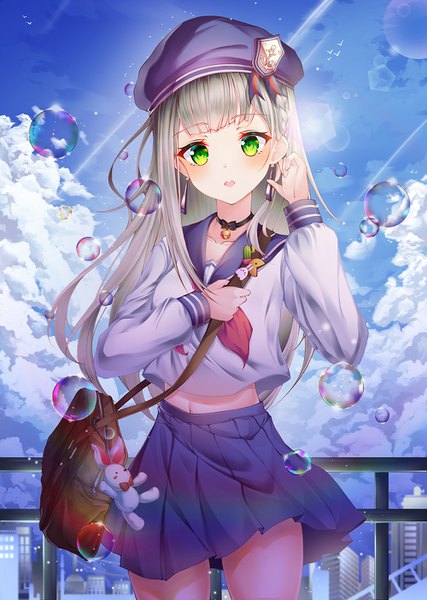 Anime picture 1000x1404 with original paya (aejx2345) single long hair tall image looking at viewer blush fringe open mouth standing green eyes sky cloud (clouds) blunt bangs braid (braids) pleated skirt wind grey hair sunlight lens flare