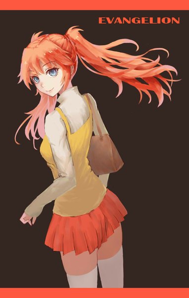 Anime picture 750x1180 with neon genesis evangelion gainax soryu asuka langley chauncey single long hair tall image blue eyes simple background smile twintails looking back orange hair inscription girl thighhighs white thighhighs bag