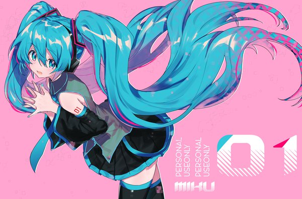 Anime picture 2144x1416 with vocaloid hatsune miku hayama eishi single looking at viewer fringe highres simple background hair between eyes twintails very long hair nail polish pleated skirt aqua eyes aqua hair leaning leaning forward character names pink background interlocked fingers