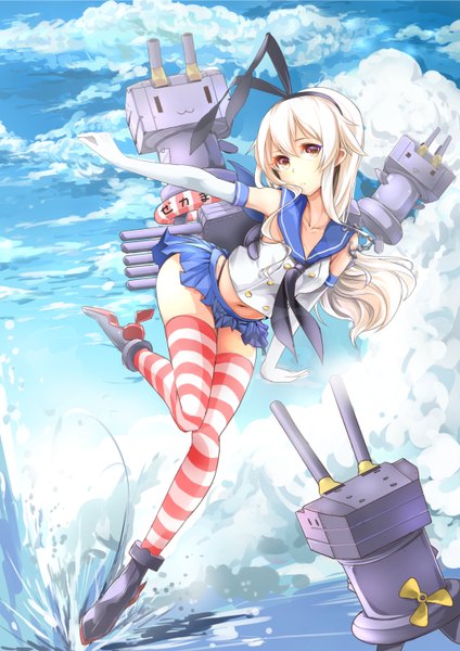 Anime picture 1049x1484 with kantai collection shimakaze destroyer rensouhou-chan suikaxd long hair tall image looking at viewer blonde hair red eyes cloud (clouds) zettai ryouiki :3 girl thighhighs skirt gloves navel hair ornament underwear panties