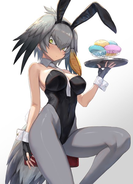 Anime picture 956x1321 with kemono friends shoebill (kemono friends) guchico single tall image looking at viewer blush fringe short hair breasts light erotic simple background hair between eyes large breasts standing white background holding green eyes animal ears tail
