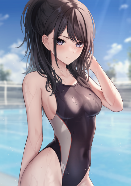 Anime picture 4961x7016 with idolmaster idolmaster shiny colors kazano hiori marinesnow single long hair tall image looking at viewer blush fringe highres breasts blue eyes light erotic black hair standing absurdres sky cloud (clouds) outdoors
