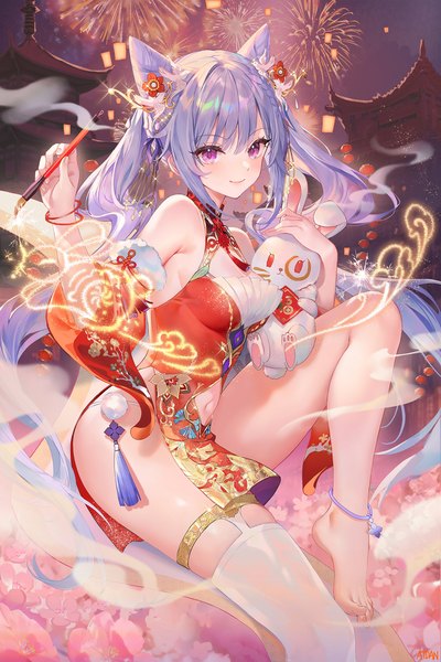 Anime picture 1533x2300 with genshin impact keqing (genshin impact) atdan single long hair tall image looking at viewer blush fringe breasts light erotic smile hair between eyes sitting twintails holding signed payot purple hair bent knee (knees)