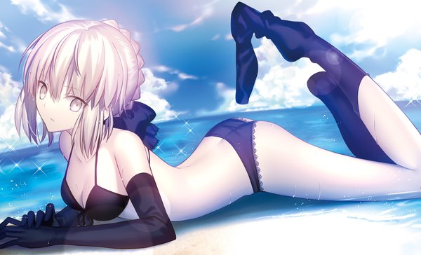 Anime picture 2048x1244 with fate (series) fate/grand order artoria pendragon (all) saber alter mashima saki (mashimasa) single looking at viewer highres short hair breasts light erotic blonde hair wide image bare shoulders sky cloud (clouds) ass braid (braids) sunlight sparkle