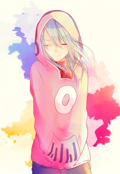 Anime picture 900x1300 with kagerou project shaft (studio) kido tsubomi nako (inamenaihane) single long hair tall image eyes closed wind aqua hair hands in pockets girl hood hoodie