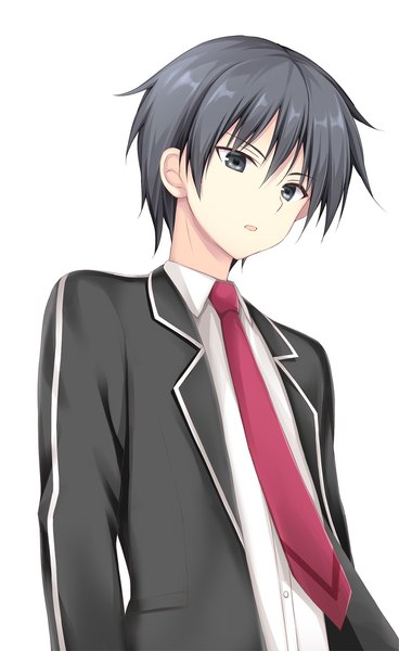 Anime picture 1100x1793 with hyouken no majutsushi ga sekai wo suberu ray white korie riko single tall image looking at viewer fringe short hair open mouth black hair simple background hair between eyes white background upper body open clothes official art grey eyes boy uniform school uniform