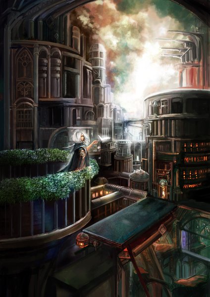 Anime picture 1302x1841 with original yoshifumi (4423) single long hair tall image cloud (clouds) white hair black eyes girl plant (plants) animal bird (birds) building (buildings) cloak balcony