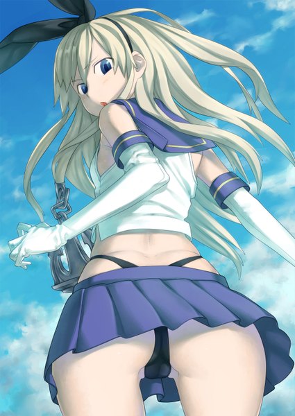 Anime picture 1062x1500 with kantai collection shimakaze destroyer harmaline (artist) single long hair tall image blue eyes light erotic blonde hair cloud (clouds) ass looking back girl gloves underwear panties miniskirt elbow gloves sailor suit