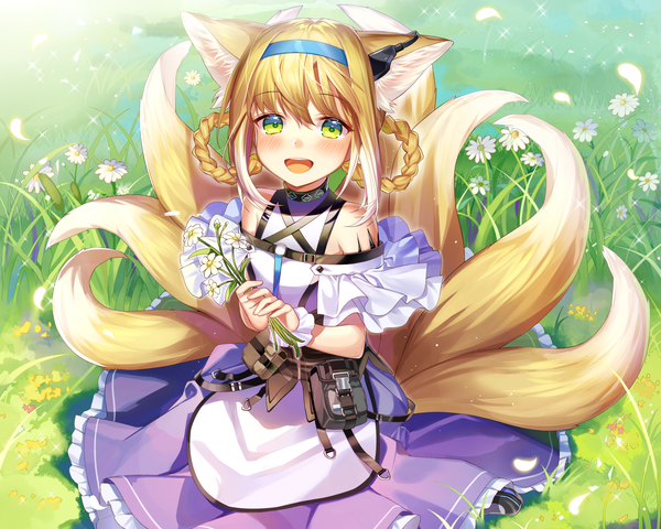 Anime picture 2361x1890 with arknights suzuran (arknights) ion (on01e) single looking at viewer blush fringe highres short hair open mouth blonde hair hair between eyes bare shoulders holding animal ears tail braid (braids) :d animal tail sparkle