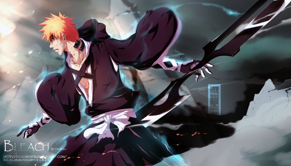 Anime picture 2200x1256 with bleach studio pierrot kurosaki ichigo i-azu ifragmentix single highres short hair wide image yellow eyes traditional clothes japanese clothes orange hair coloring boy weapon sword kimono blood