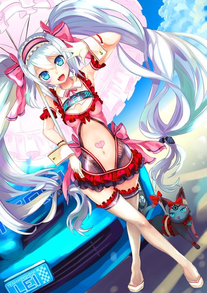 Anime picture 919x1300 with original kirishima lei kanipanda tall image blush open mouth blue eyes light erotic smile twintails sky cloud (clouds) white hair very long hair bare belly armpit (armpits) girl navel bow hair bow