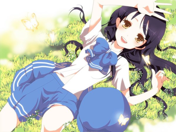 Anime picture 1024x768 with original hiiro (kikokico) single long hair open mouth black hair smile brown eyes yellow eyes blue hair lying girl uniform bow plant (plants) school uniform insect butterfly grass