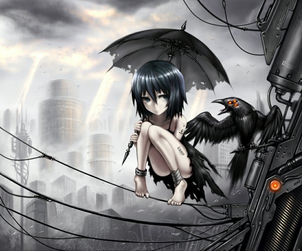 Anime picture 1100x913 with original gia single short hair black hair red eyes sitting looking away barefoot black eyes sunlight tattoo torn clothes city cityscape sunbeam convenient leg girl dress animal