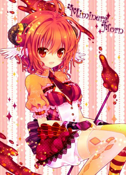 Anime picture 661x920 with original konno kengo single tall image blush short hair open mouth smile red eyes ahoge red hair horn (horns) inscription head wings girl thighhighs dress wings