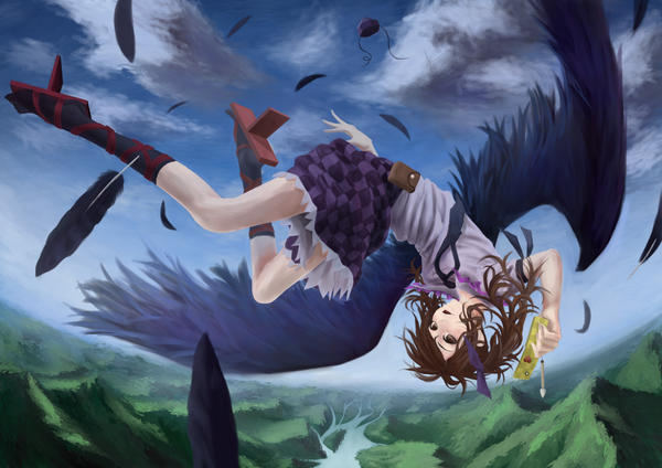 Anime picture 1500x1062 with touhou himekaidou hatate akaikitsune single short hair open mouth smile brown hair brown eyes sky cloud (clouds) flying checkered skirt girl skirt wings necktie feather (feathers) knee socks phone