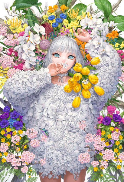Anime picture 3549x5196 with original minami (minami373916) single tall image looking at viewer fringe highres short hair blue eyes holding absurdres white hair blunt bangs long sleeves arms up cherry blossoms covered mouth girl dress flower (flowers)