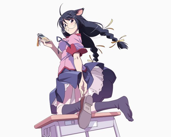 Anime picture 2560x2048 with bakemonogatari shaft (studio) monogatari (series) hanekawa tsubasa single long hair blush highres black hair white background purple eyes animal ears braid (braids) looking back cat ears twin braids kneeling girl thighhighs uniform