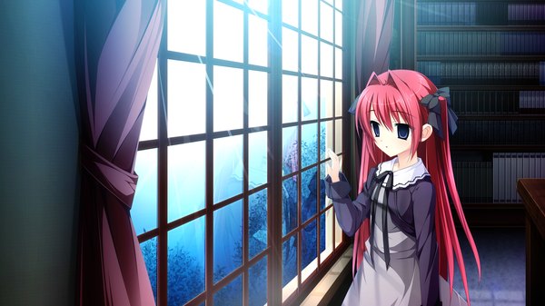 Anime picture 2560x1440 with otome ga tsumugu koi no canvas ootori rena kimishima ao long hair highres blue eyes wide image game cg red hair girl dress ribbon (ribbons) hair ribbon window child (children)